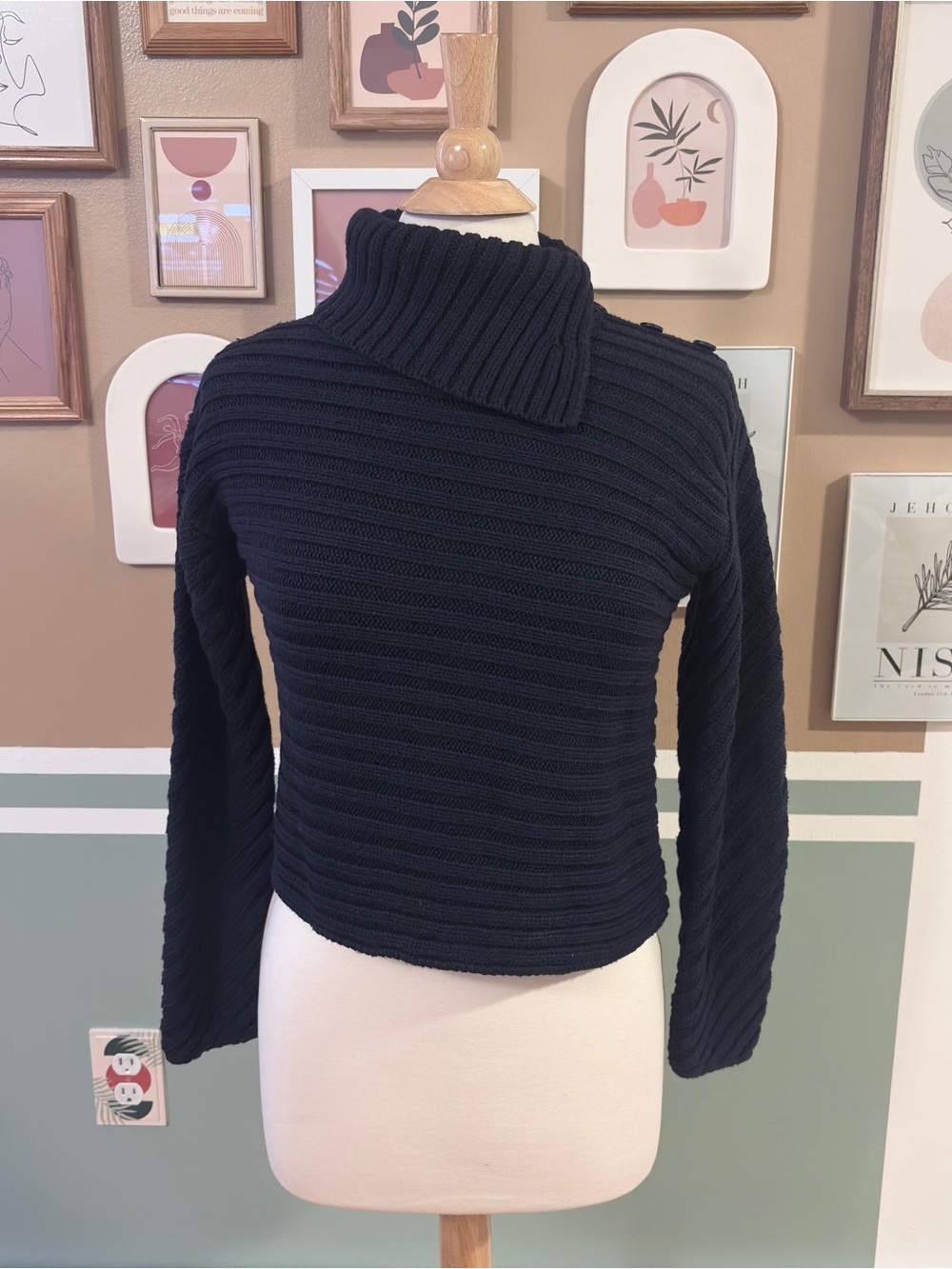 ASTR The Label Ribbed Navy Button Mock Neck Sweater
